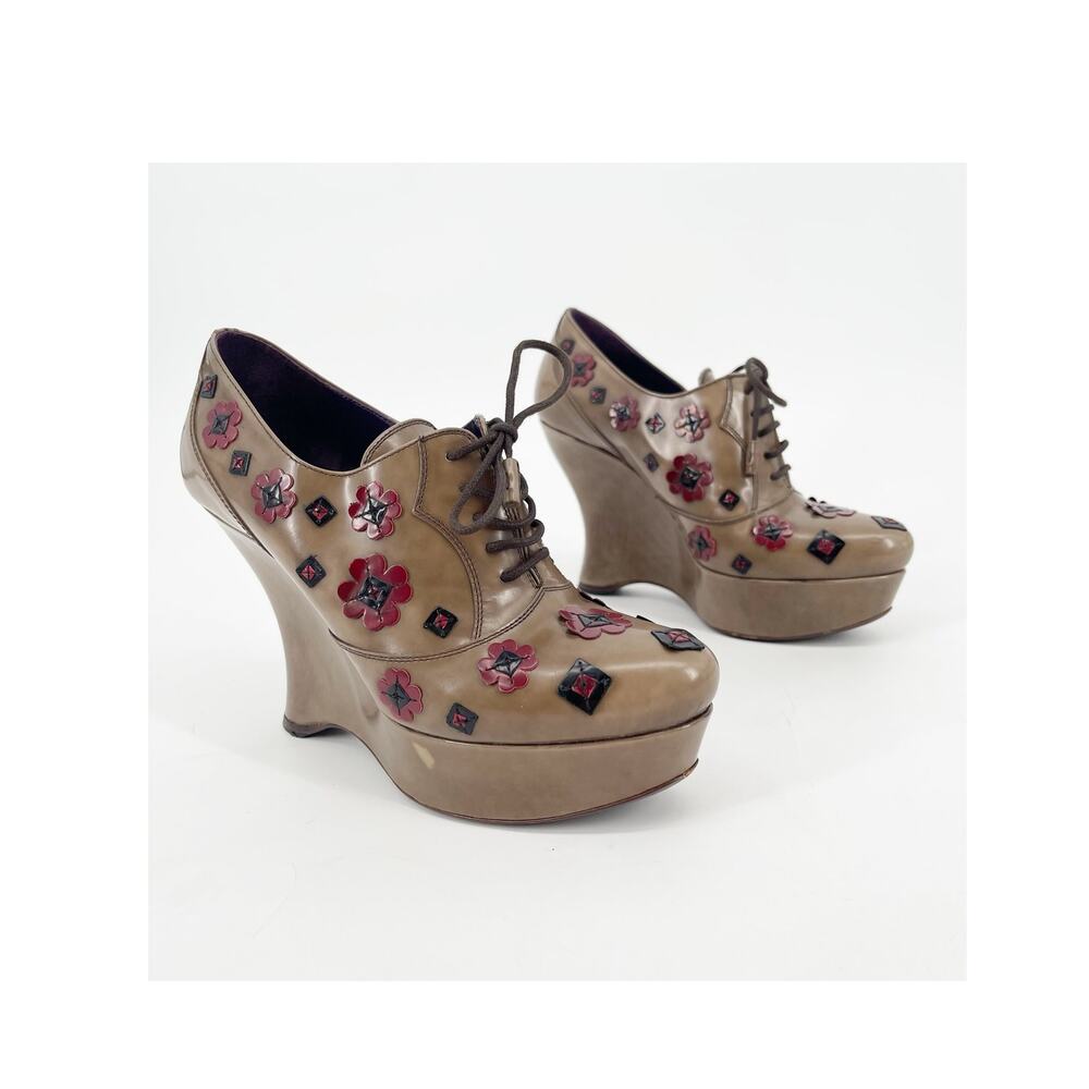 Prada Taupe Leather Floral Appliqué Lace Up Platform Wedge Booties IT 36.5